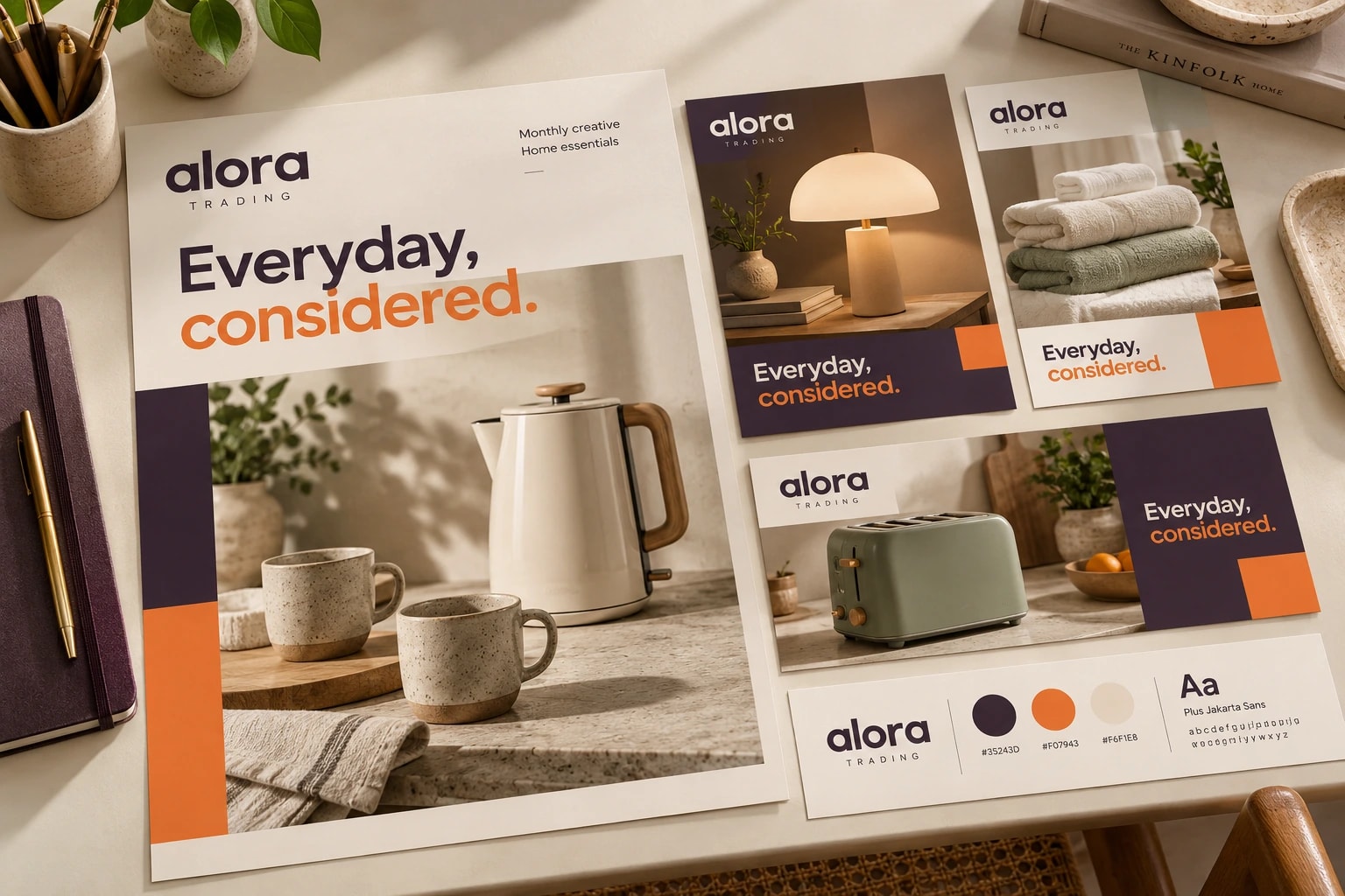 Alora Trading posters reading “Everyday, considered.” in plum and orange, with a colour and type card, laid out on a pale desk beside a notebook.