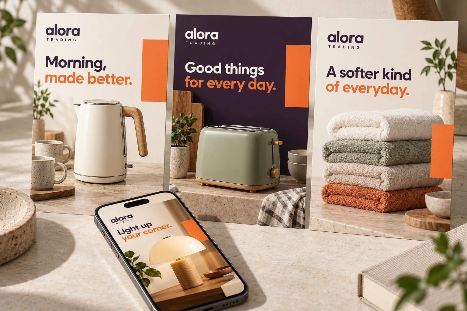 Three Alora Trading posters with a kettle, a sage toaster and stacked towels, and a phone reading “Light up your corner.” on a stone counter.