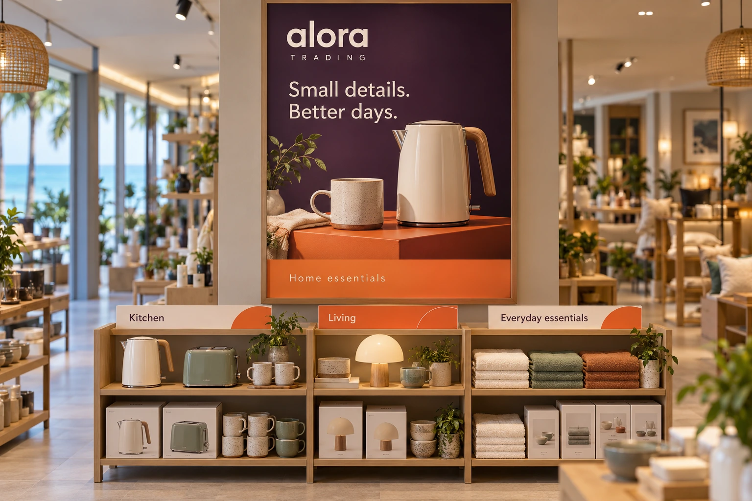 A plum Alora Trading poster reading “Small details. Better days.” hangs above wooden shelves of kettles, lamps and towels in a bright shop by the sea.