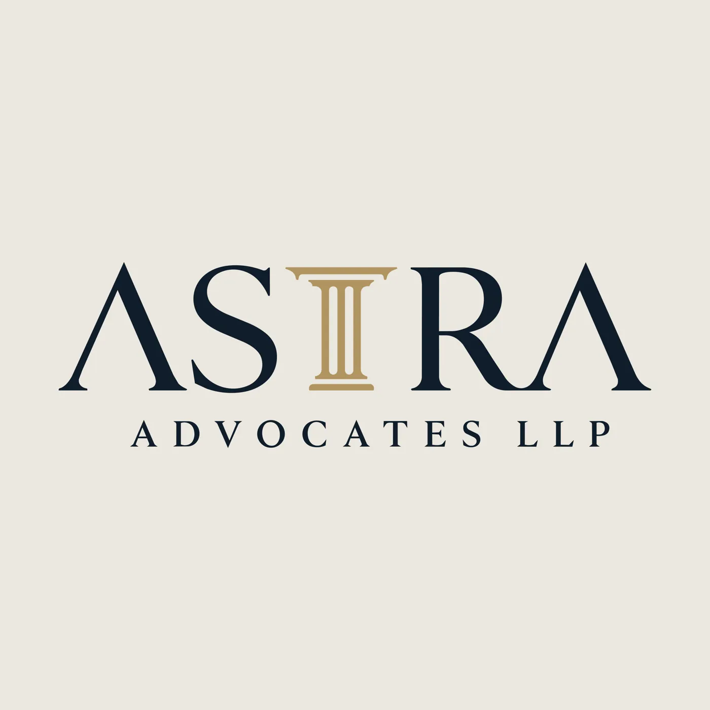 Astra Advocates LLP logo on cream: navy serif capitals with a gold pillar standing in for the T.