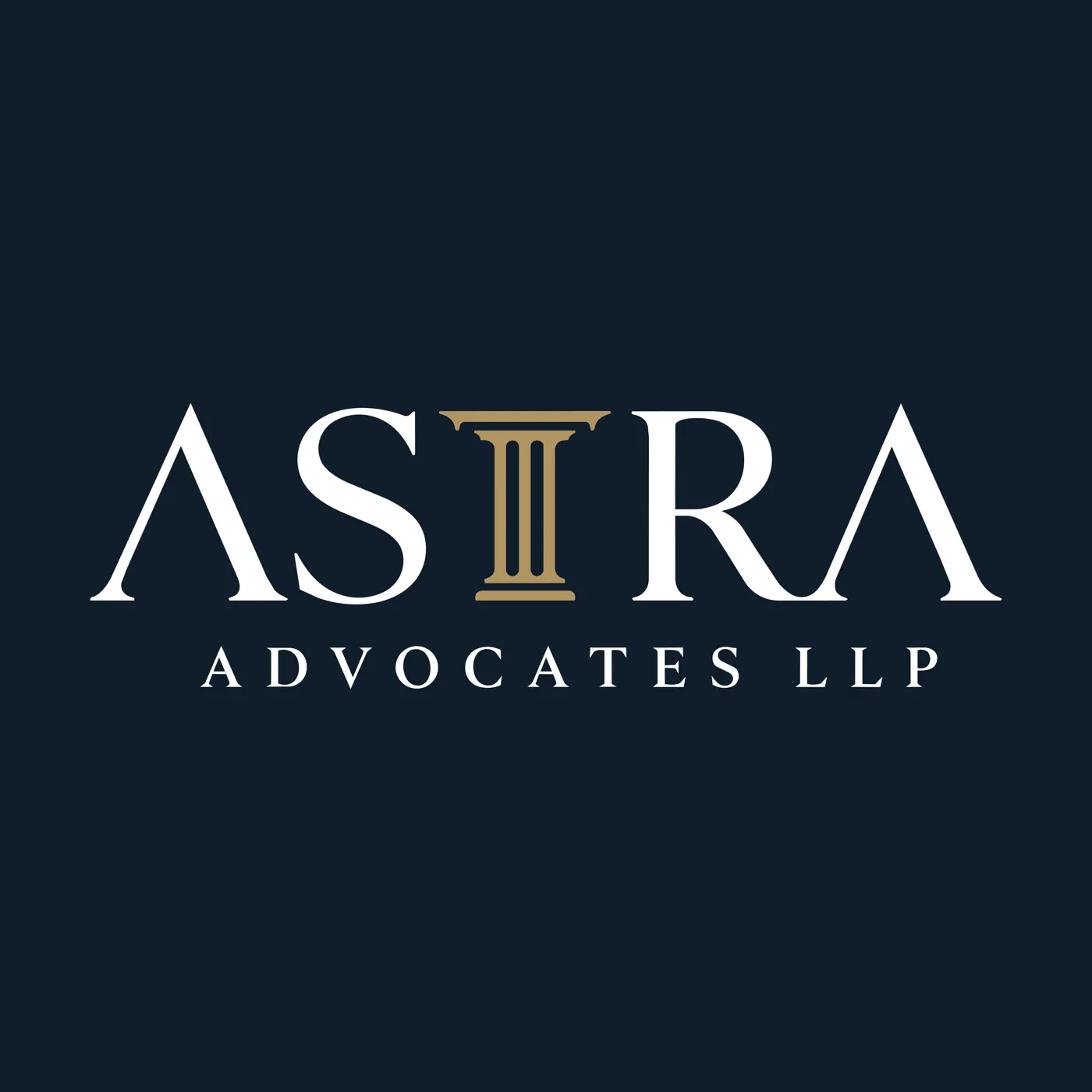 Astra Advocates LLP logo on navy: white serif capitals with a gold pillar standing in for the T.