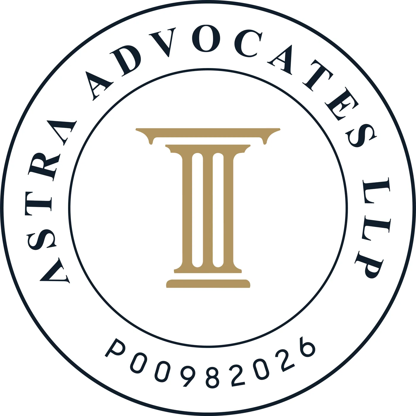 Round Astra Advocates LLP company stamp: the gold pillar in the centre, the firm’s name around the edge.