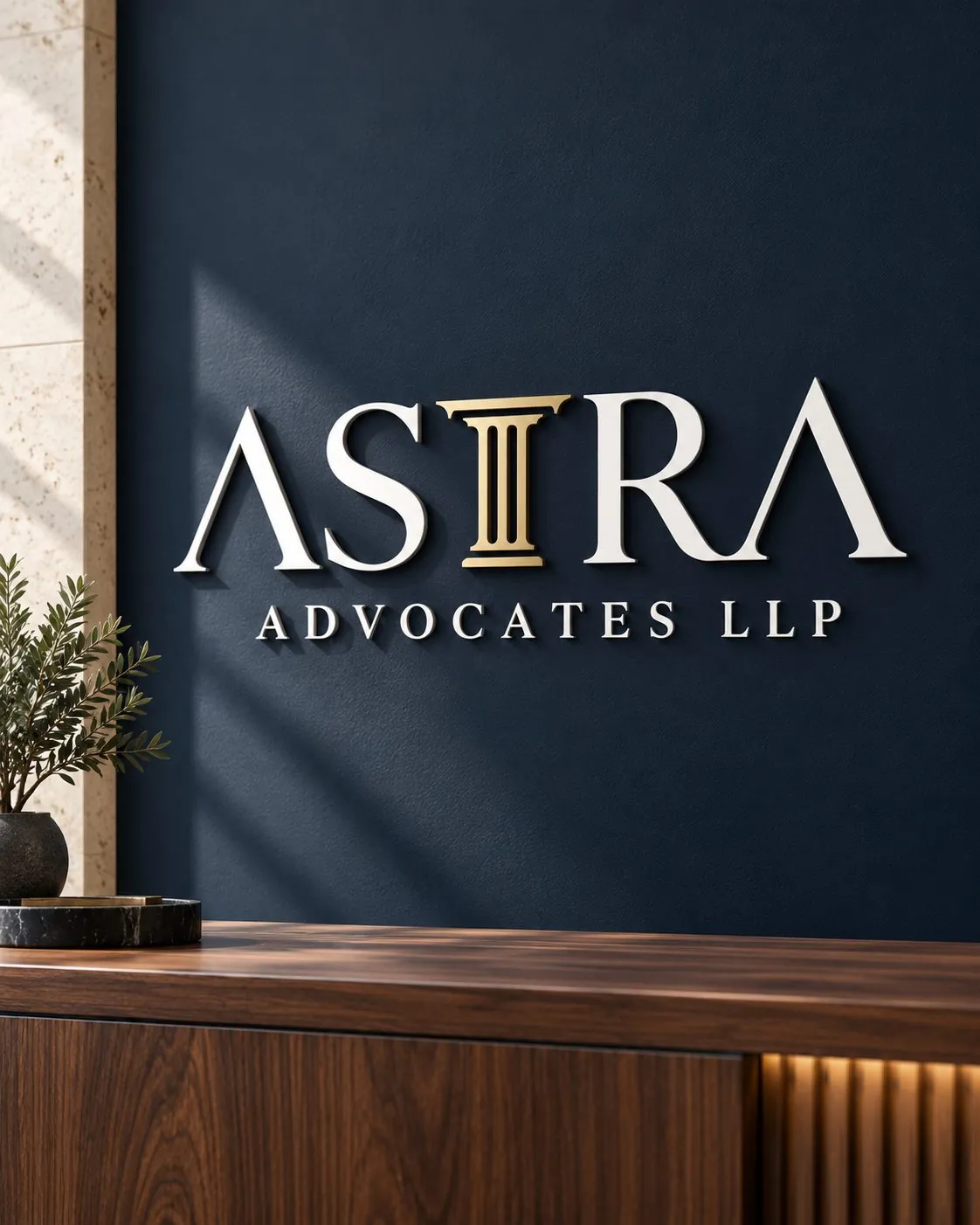 Astra Advocates LLP sign in white and gold letters on a navy office wall, above a walnut console.