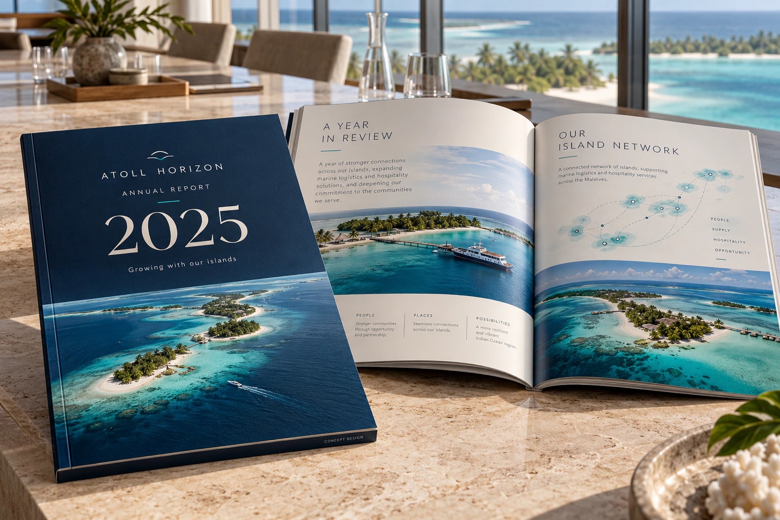 Atoll Horizon Annual Report 2025, its cover and an open spread with an island network map, on a table by the sea.