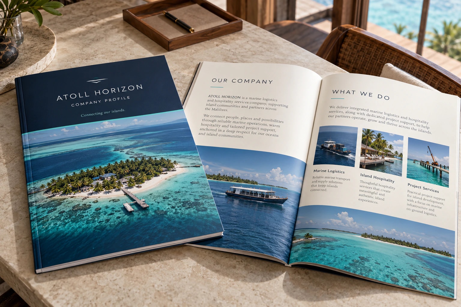 Atoll Horizon company profile open at “Our company” and “What we do”, beside its cover on a stone table.