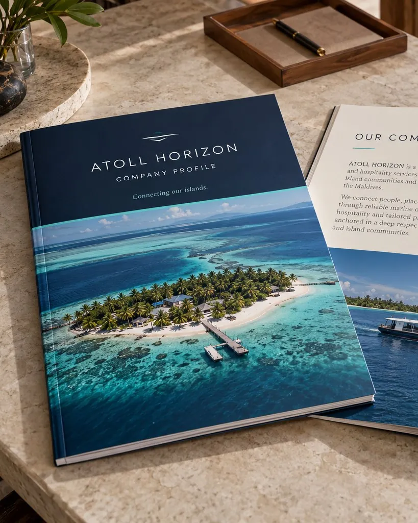 Atoll Horizon company profile cover: the title in a navy sky above an aerial photo of an island and its lagoon.