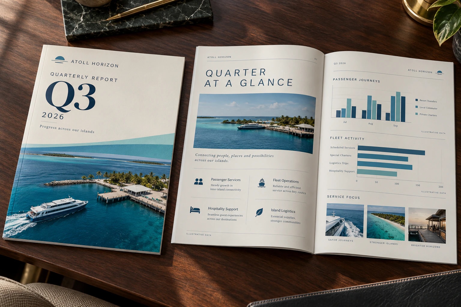 Atoll Horizon Q3 2026 quarterly report: the cover and an open “Quarter at a glance” spread of charts, on a dark desk.