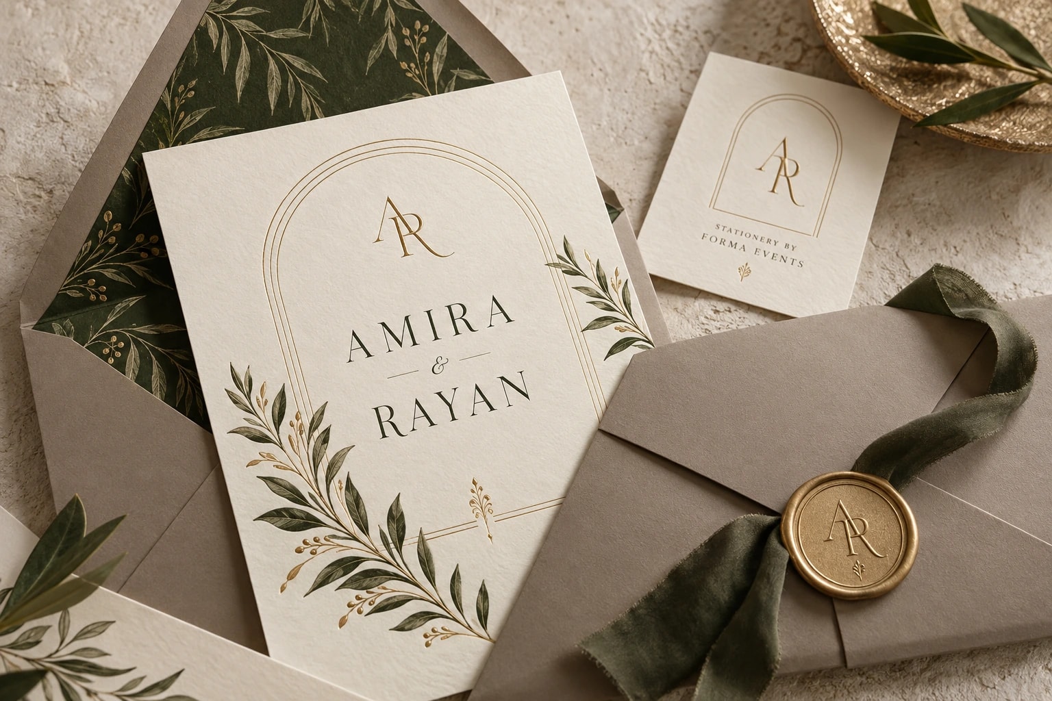 An Amira and Rayan invitation with olive leaves and a gold arch in a green-lined taupe envelope, beside an envelope tied with olive ribbon and a gold AR wax seal.