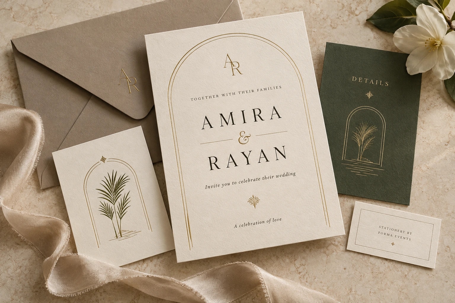 An ivory Amira and Rayan wedding invitation with a thin gold arch and AR monogram, beside a taupe envelope, an olive details card and a palm card on stone.