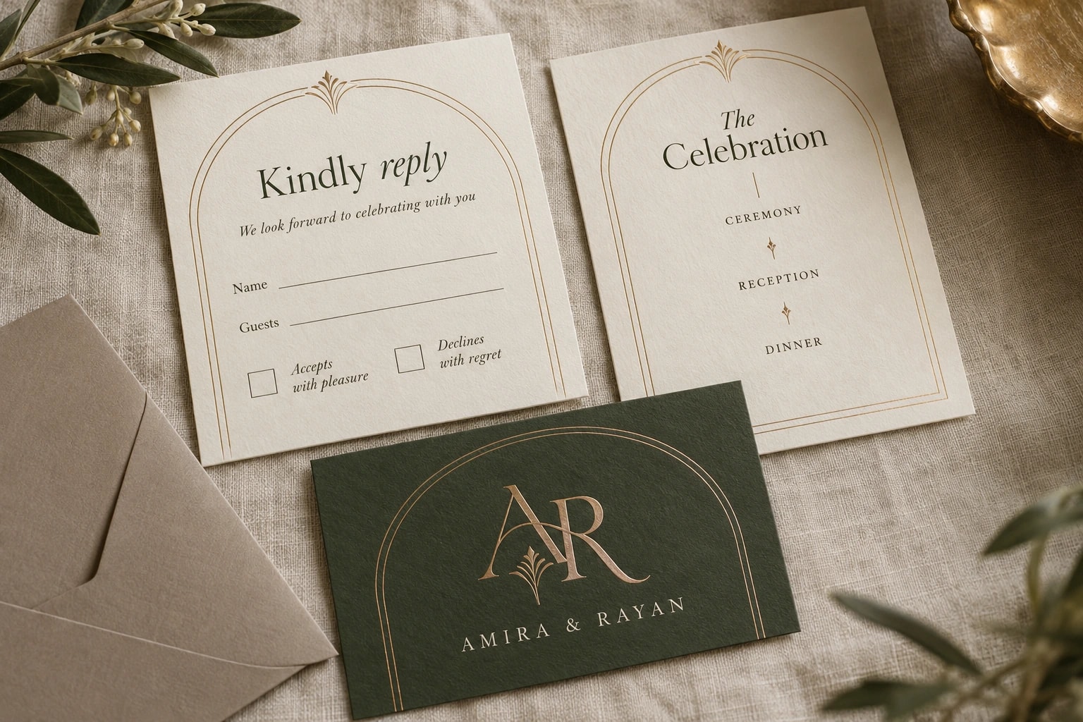 An ivory “Kindly reply” card and “The Celebration” programme card framed by gold arches, above an olive green card with a gold AR monogram and the couple’s names, on linen.