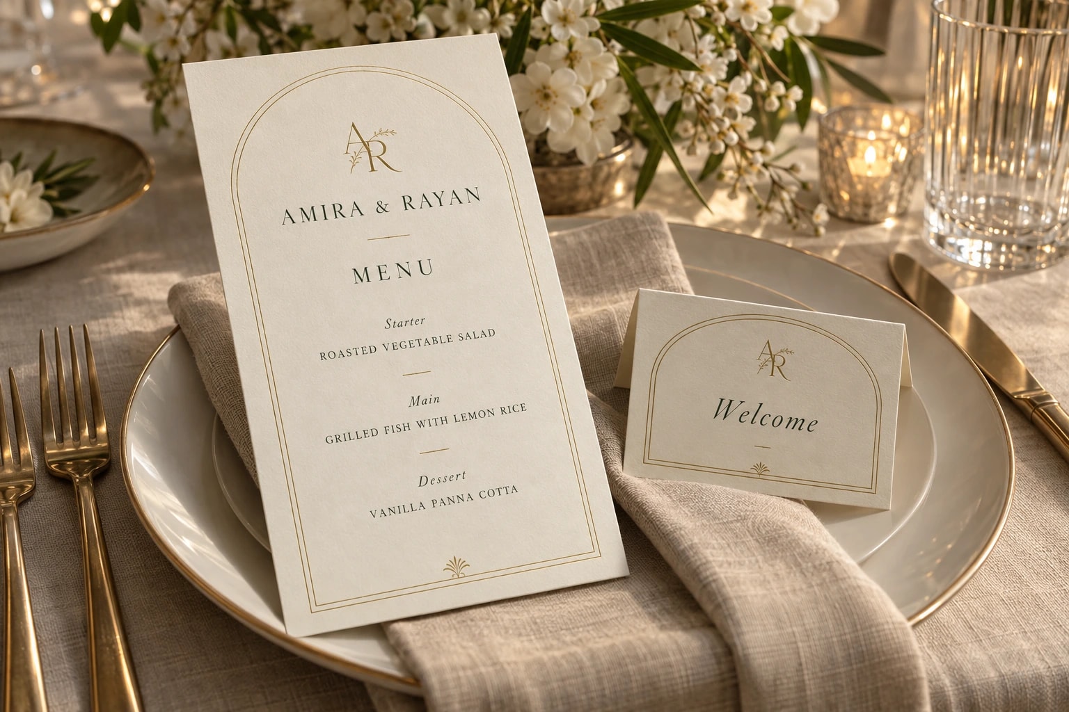 An ivory menu card for Amira and Rayan, framed by a gold arch, sits on a linen napkin and gold-rimmed plate beside a folded “Welcome” place card.