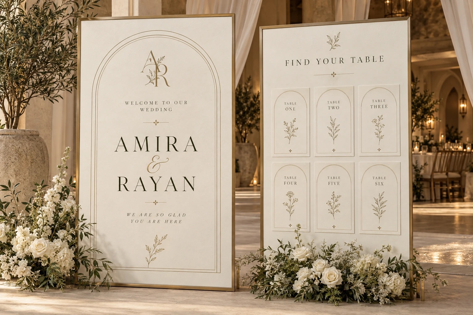 A gold-framed welcome sign for Amira and Rayan beside a table plan of six arched cards, set among white roses and olive branches in a candlelit hall.
