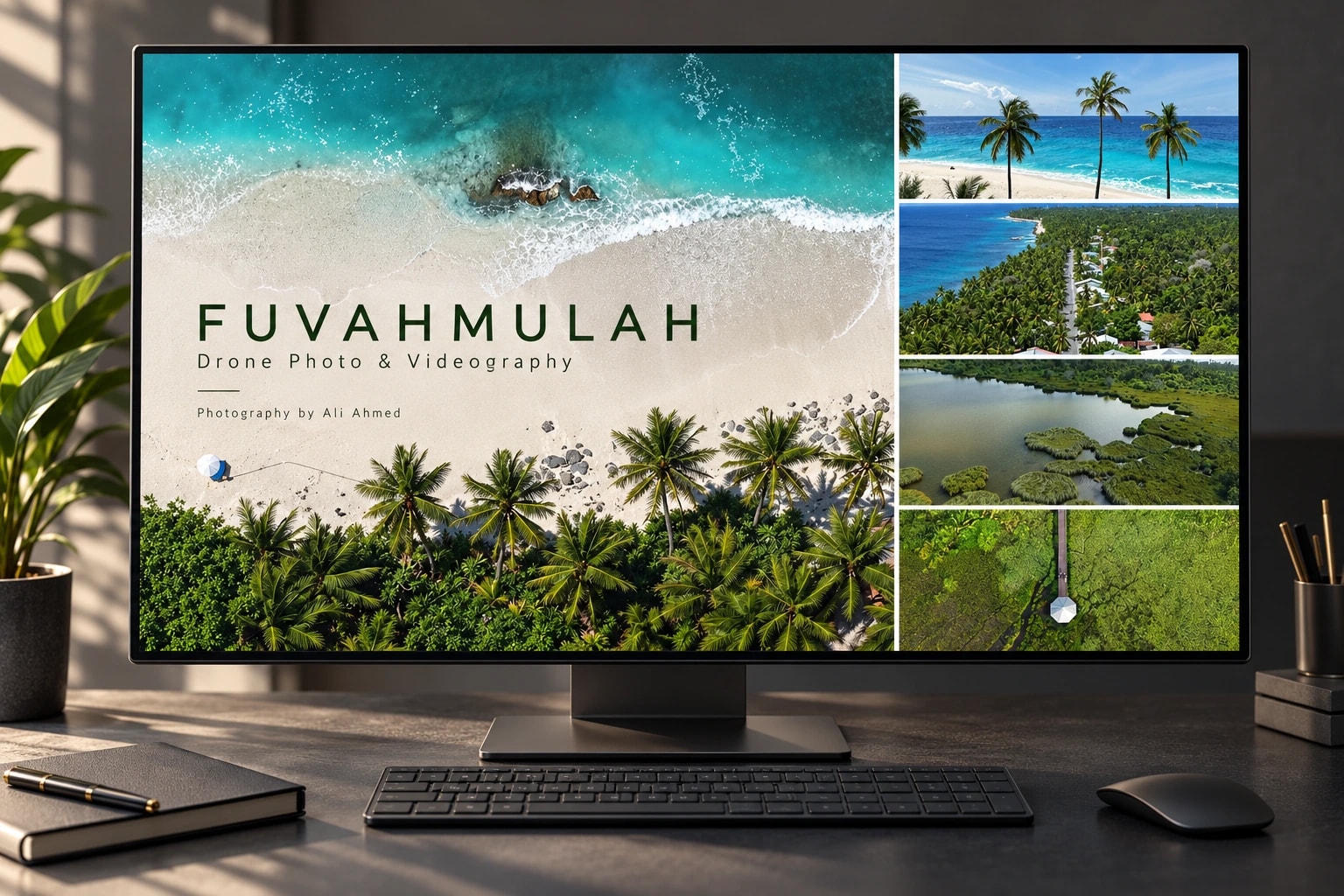 A desktop screen shows “FUVAHMULAH” and “Drone Photo & Videography” in dark green over a top-down beach, beside four thumbnails of palms, coast road, lake and boardwalk.