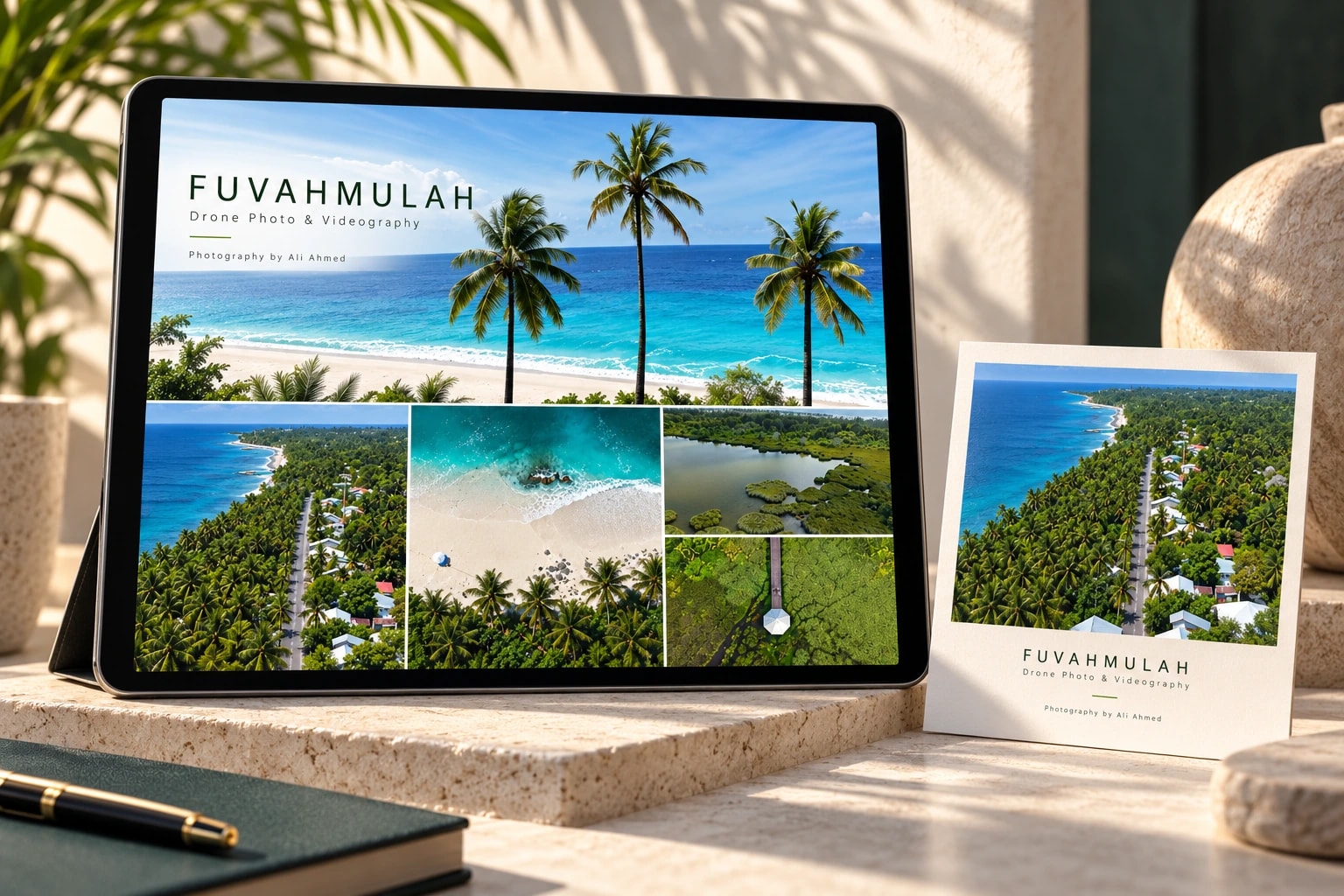 A tablet shows the Fuvahmulah portfolio, a palm beach above four aerial thumbnails, beside a printed card of the palm-lined coast road on cream stone.