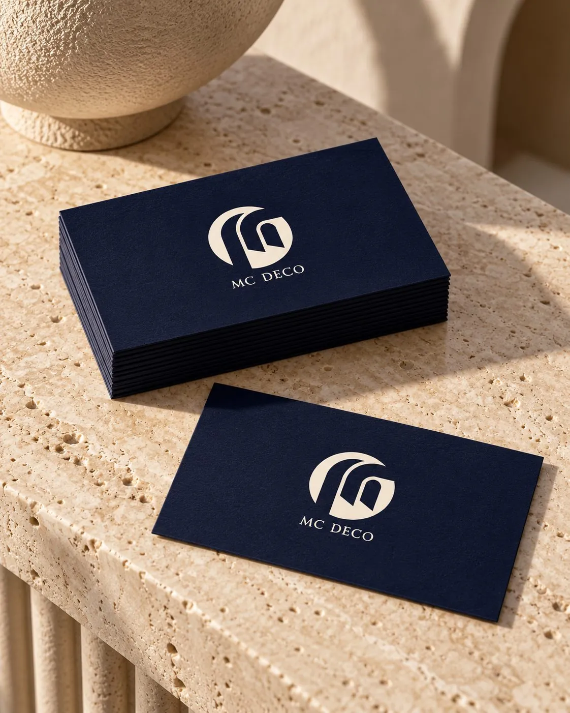 Navy MC Deco business cards with the cream arch monogram, stacked on a travertine table.