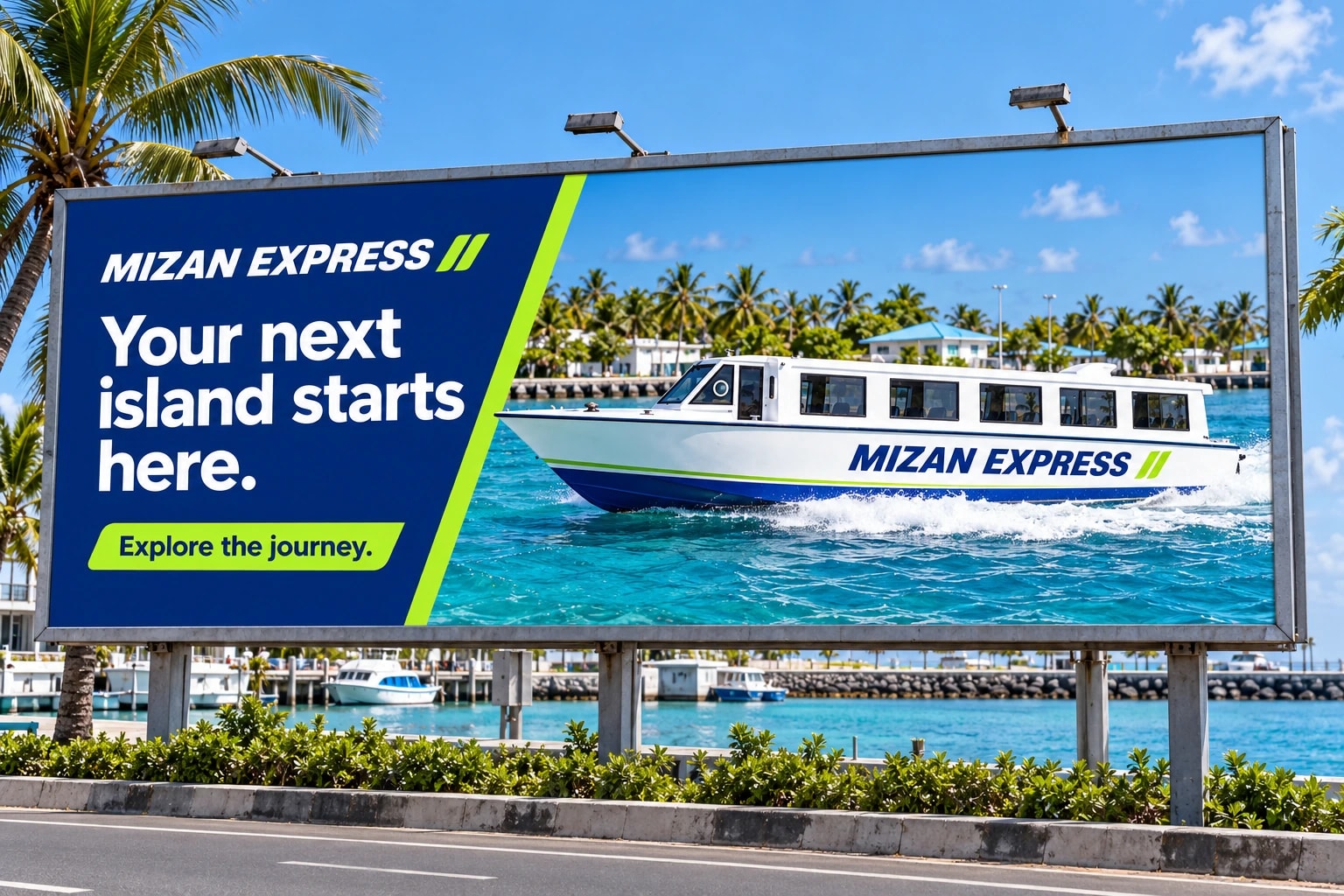 A roadside Mizan Express billboard by a harbour, with “Your next island starts here.” on deep blue beside a white ferry crossing turquoise water.
