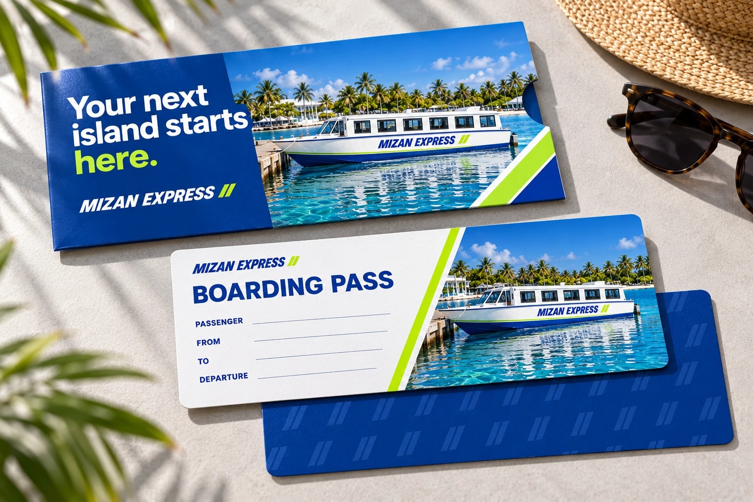 A royal blue Mizan Express ticket wallet reading “Your next island starts here.” above a white boarding pass with passenger, from, to and departure lines, on pale stone.