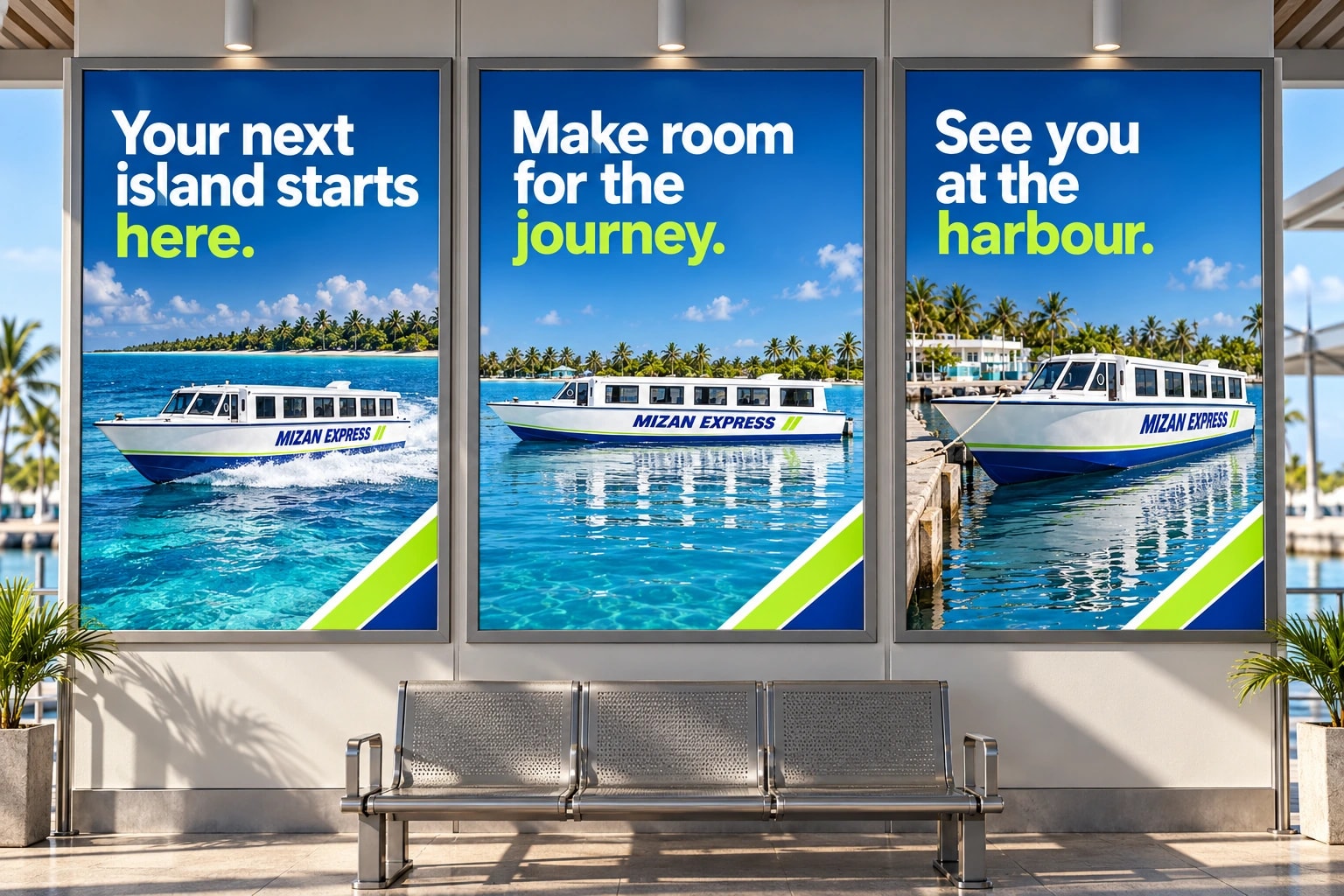 Three blue Mizan Express posters reading “Your next island starts here.”, “Make room for the journey.” and “See you at the harbour.” hang above a steel terminal bench.