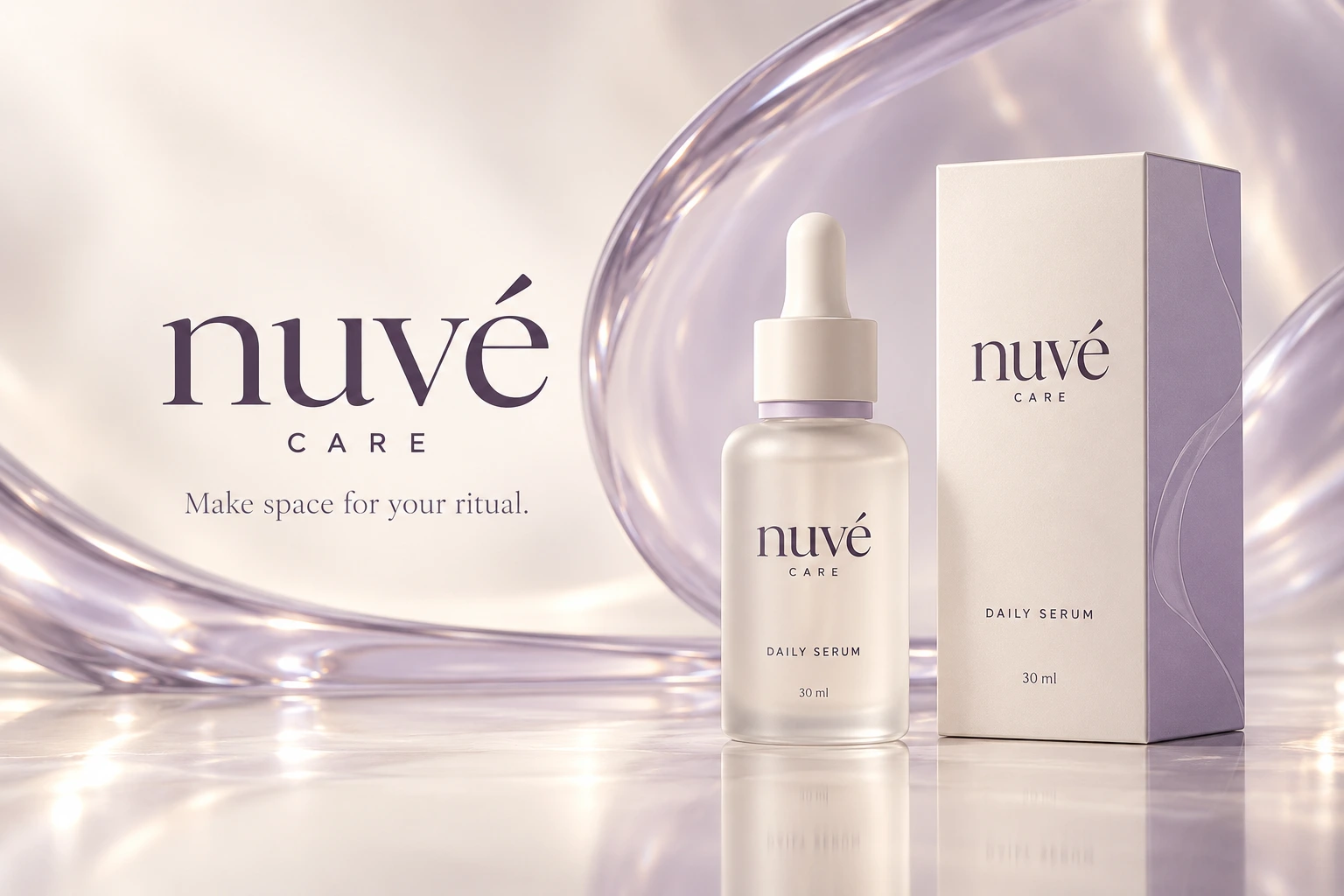 Nuvé Care advert with the line “Make space for your ritual.” beside the frosted Daily Serum bottle and its cream and lavender box on a glossy surface.