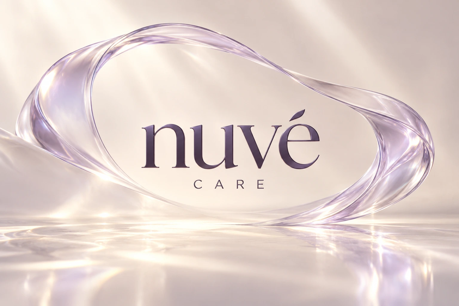 The Nuvé Care wordmark in deep plum serif type, framed by a looping ribbon of lavender glass over a pale, reflective cream surface.