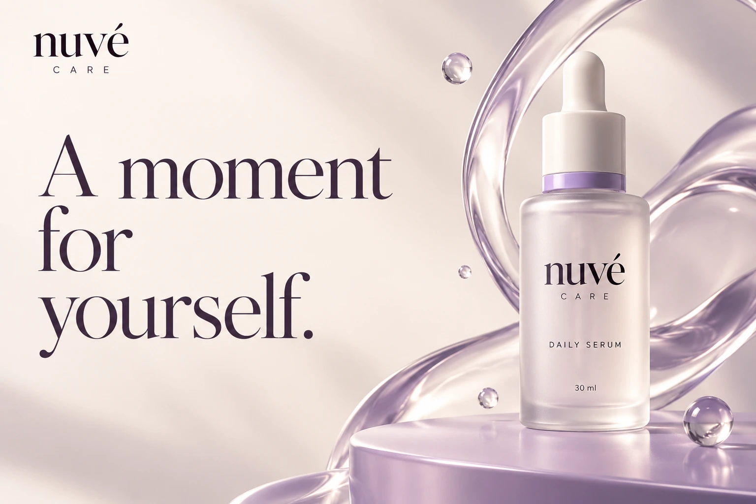 Nuvé Care advert with the headline “A moment for yourself.” in large plum serif type, beside the Daily Serum bottle on a lavender plinth among glass loops.