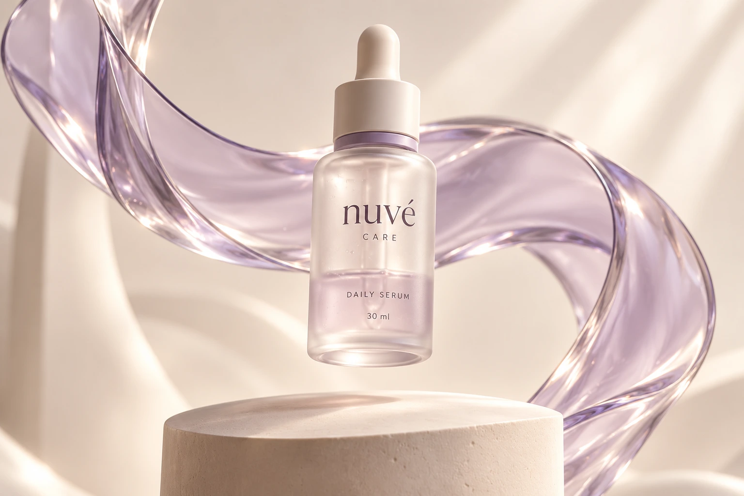 A frosted Nuvé Care Daily Serum dropper bottle with a white cap floats above a stone plinth, with a ribbon of lavender glass curling behind it in warm light.