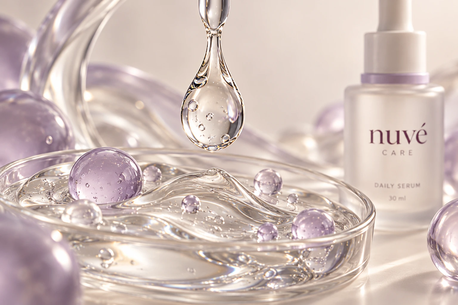 A clear drop of serum falls into a glass dish of gel and lavender spheres, with the Nuvé Care Daily Serum bottle standing to the right.