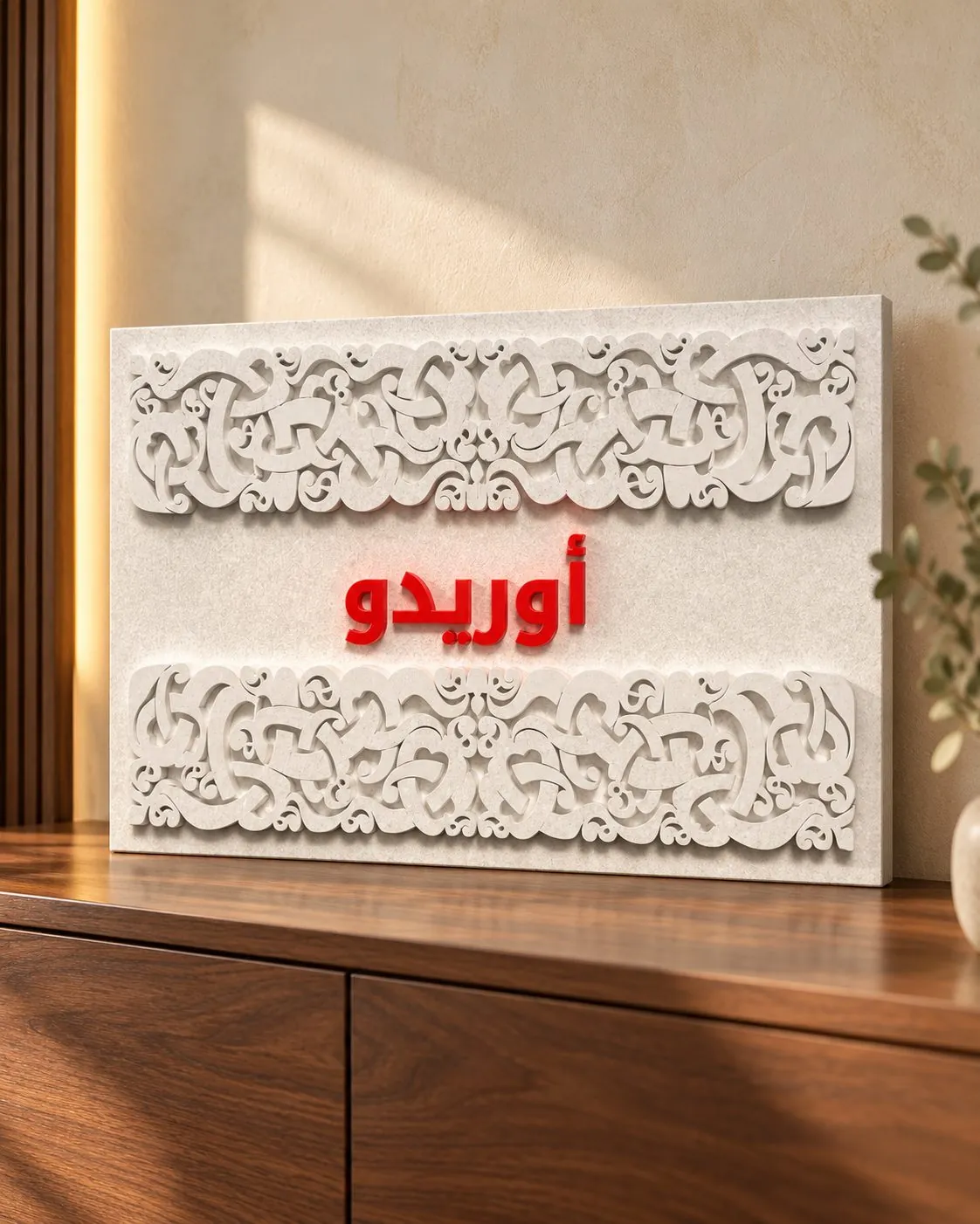 White carved plaque with the Ooredoo name in red Arabic script between two bands of arabesque pattern.