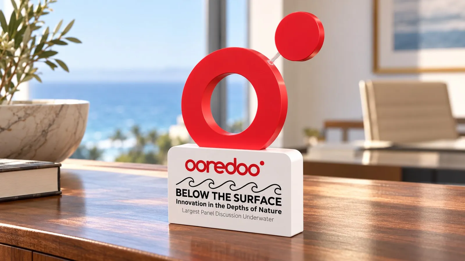 Below the Surface plaque: the red Ooredoo ring standing on a white engraved block, on a desk by the sea.