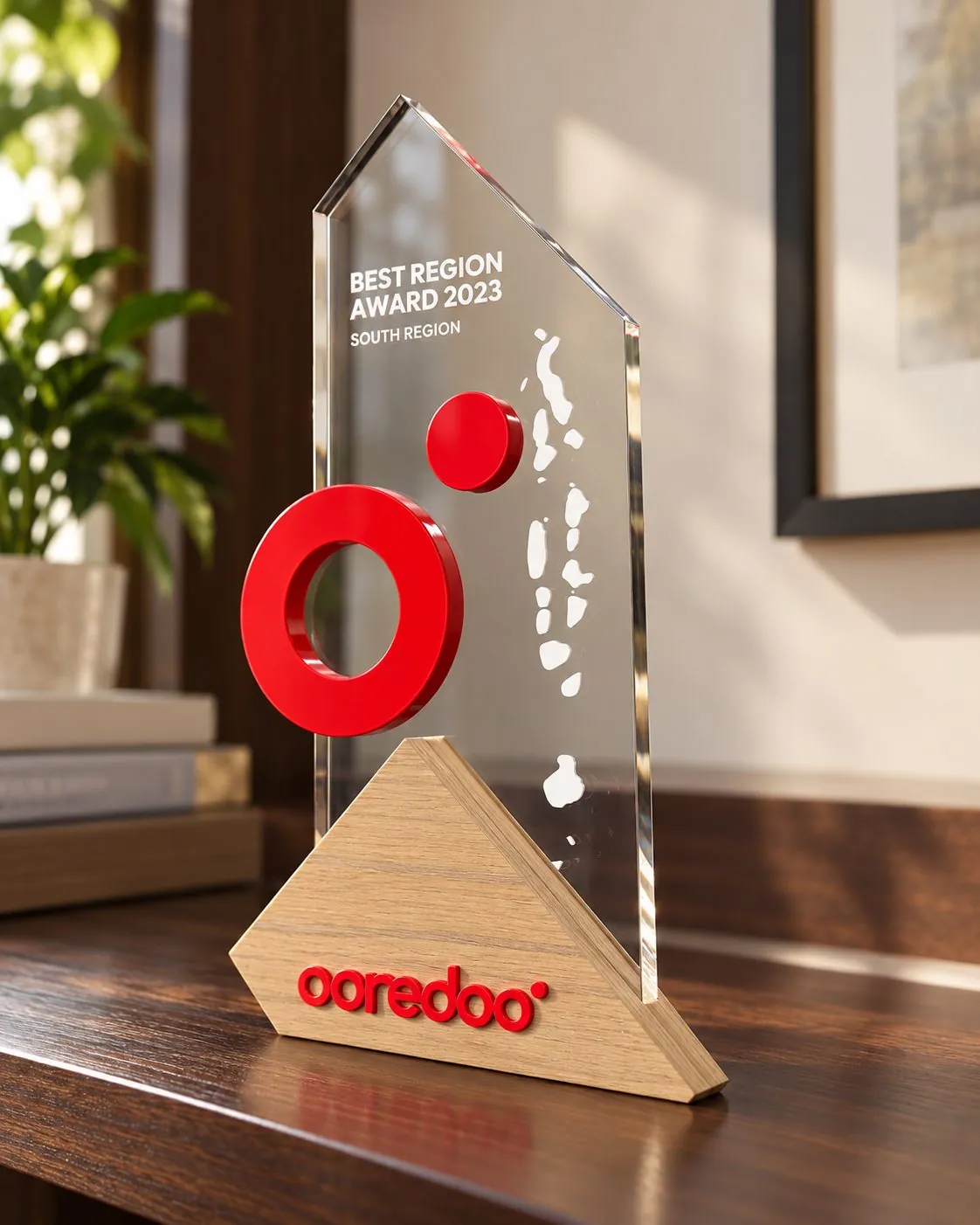 Best Region Award 2023 trophy: a clear acrylic blade with the red Ooredoo ring, on an oak base.