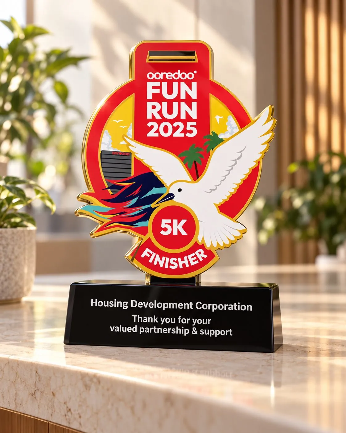 Fun Run 2025 partner plaque: a 5K finisher medal with a white bird, on a black base with a thank-you to the partner.
