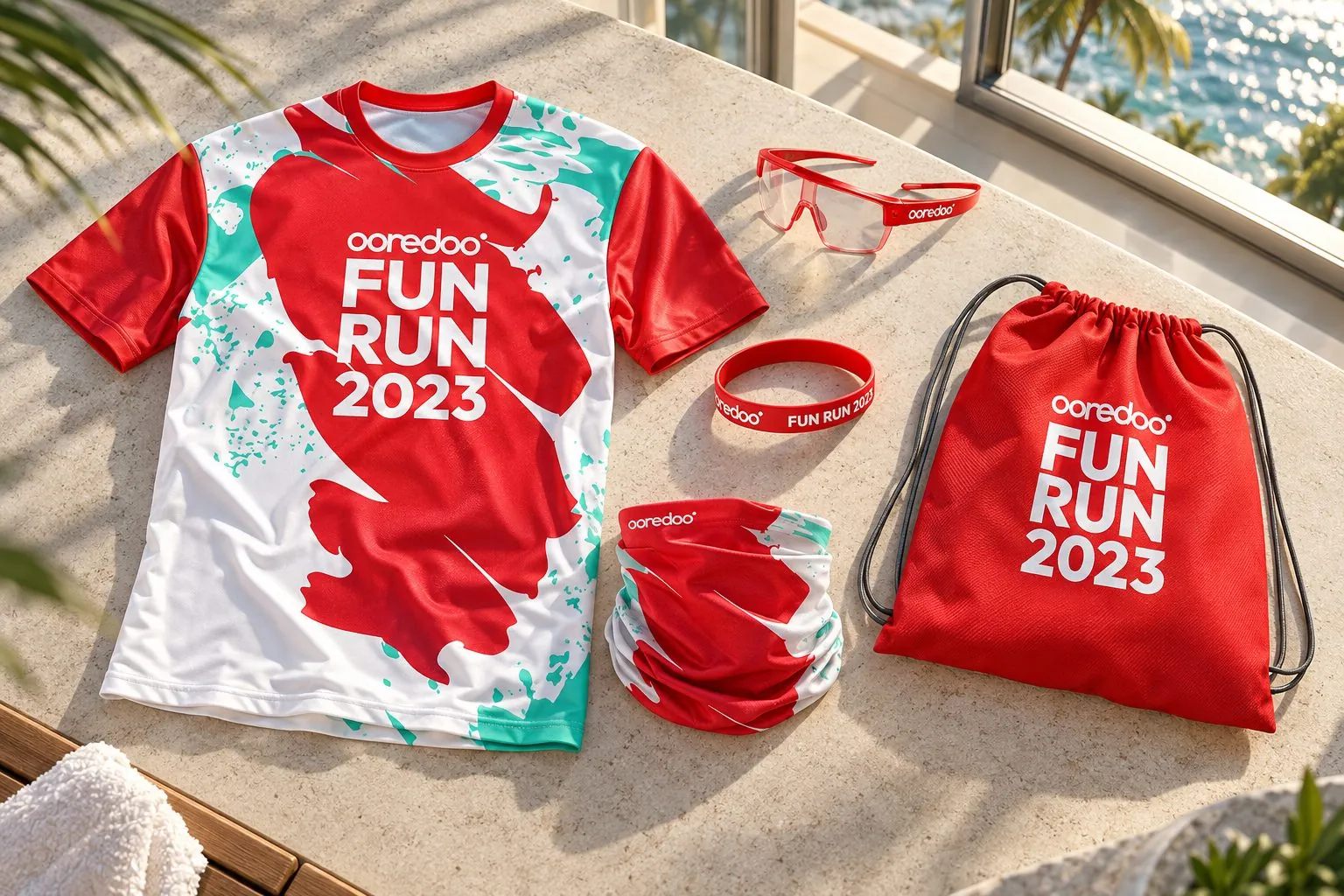 Fun Run 2023 race kit laid out: a red and white tee, a drawstring bag, a wristband, a face buff and sunglasses.