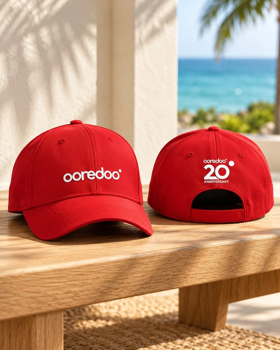 Two red caps on a table: one with the Ooredoo logo, one with the 20th anniversary mark.