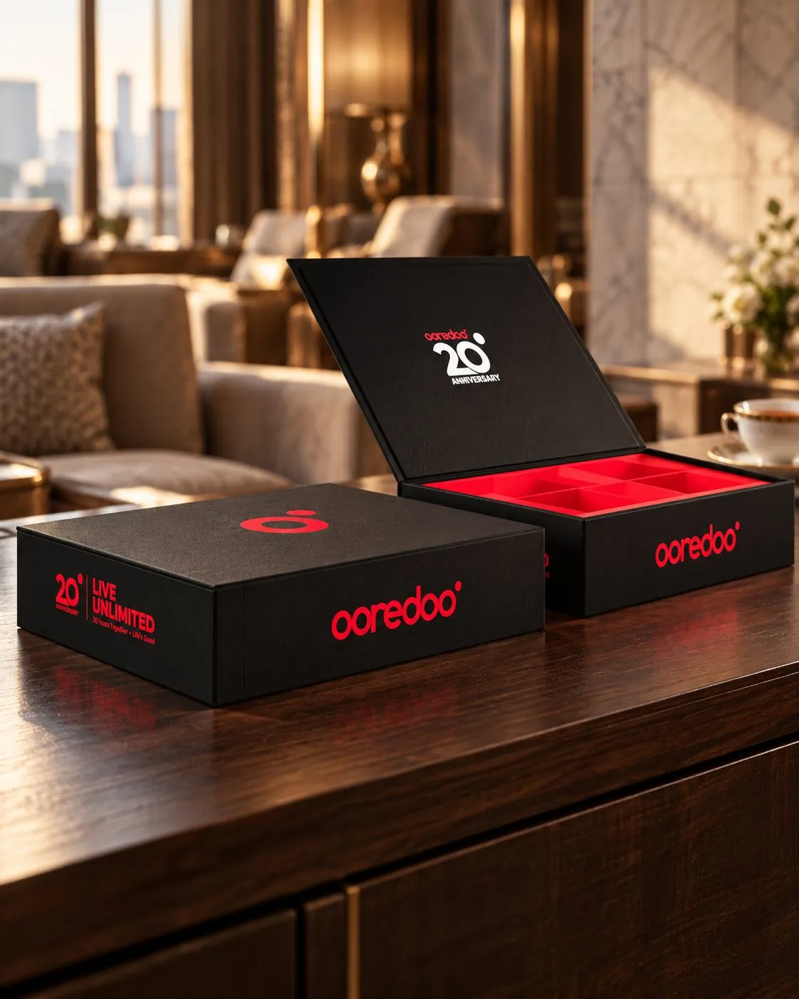 Black Ooredoo 20th anniversary gift boxes, one open to a red interior, on a wooden sideboard.