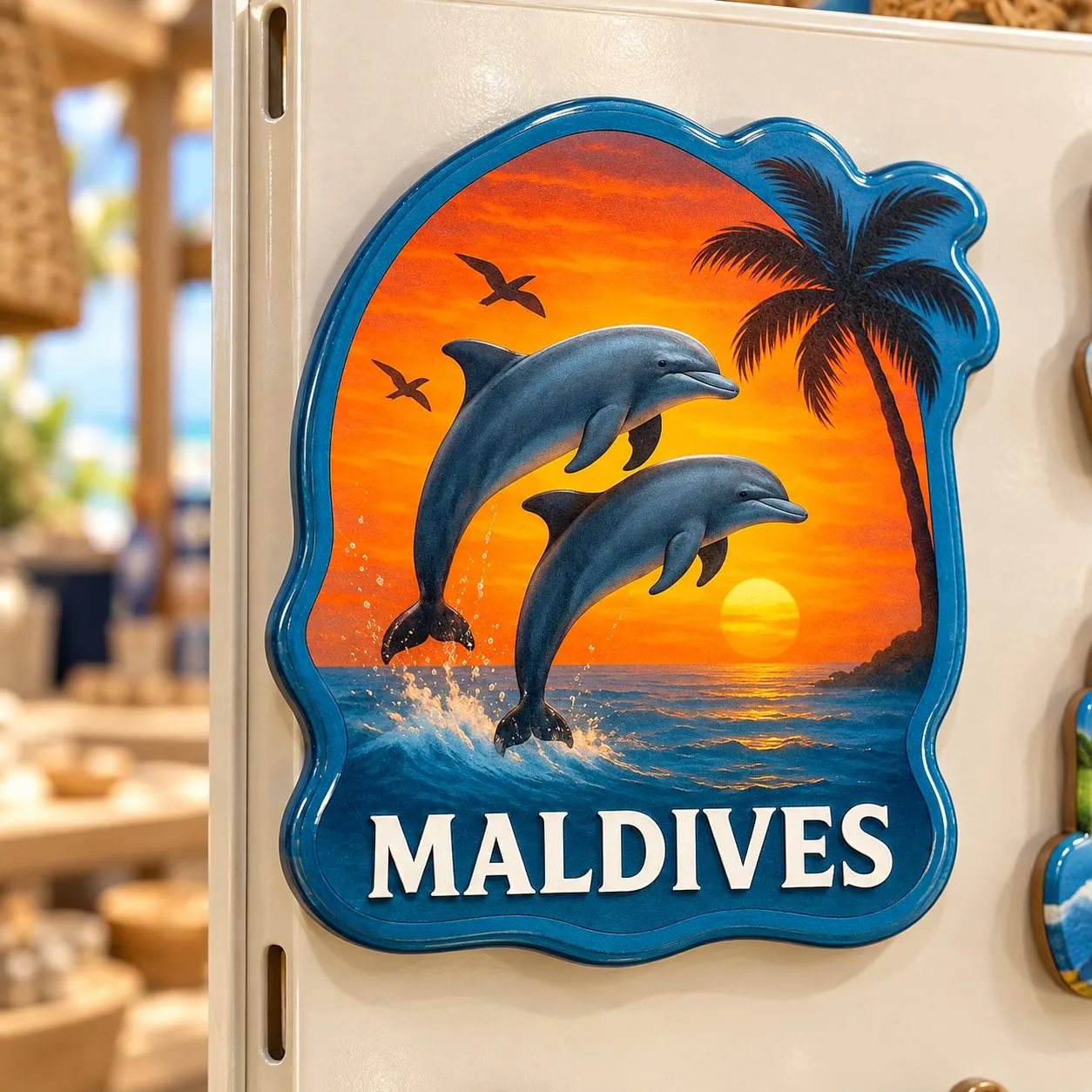 Maldives souvenir magnet of two dolphins leaping at sunset under a palm, on a fridge door.