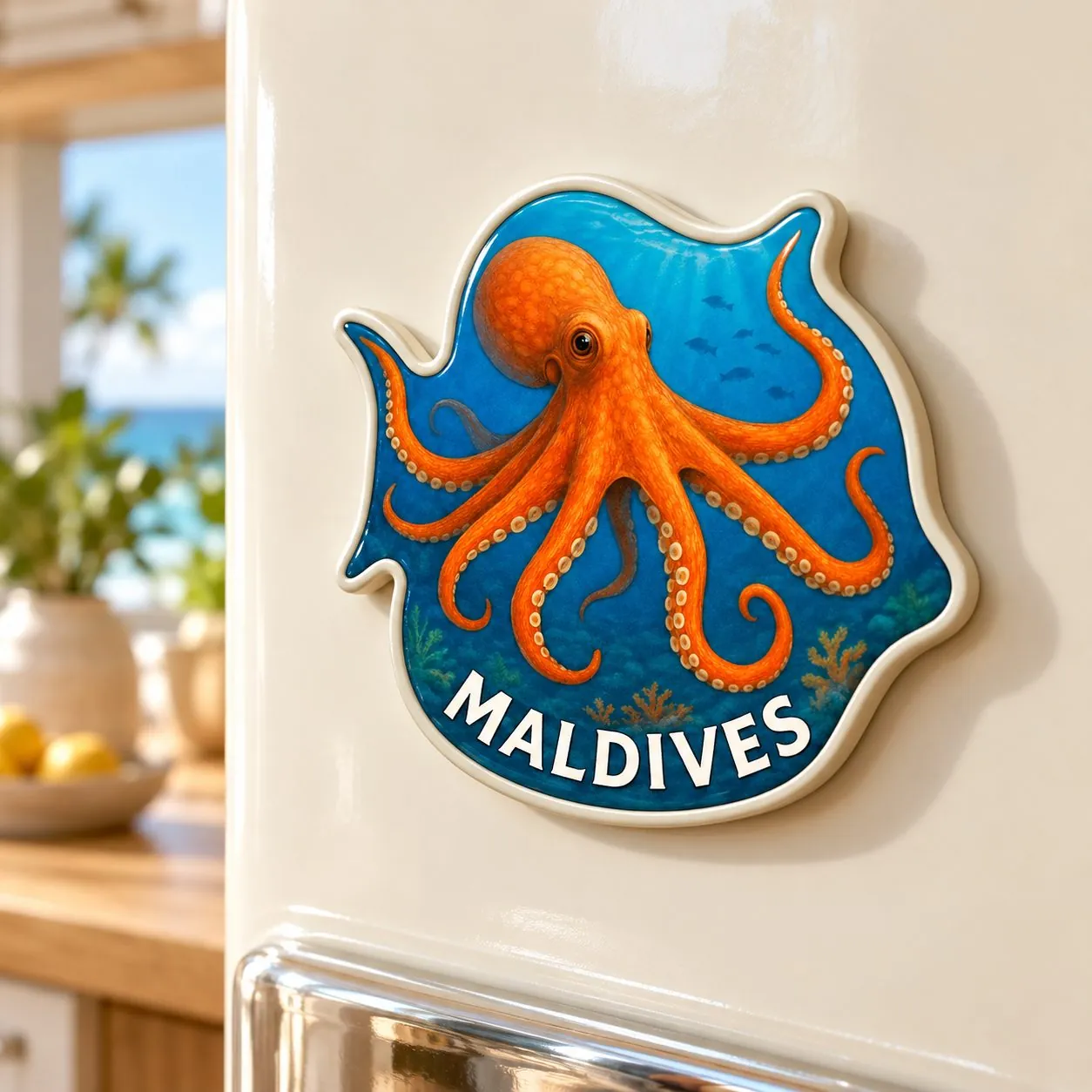 Maldives souvenir magnet of an orange octopus underwater, on a fridge door.