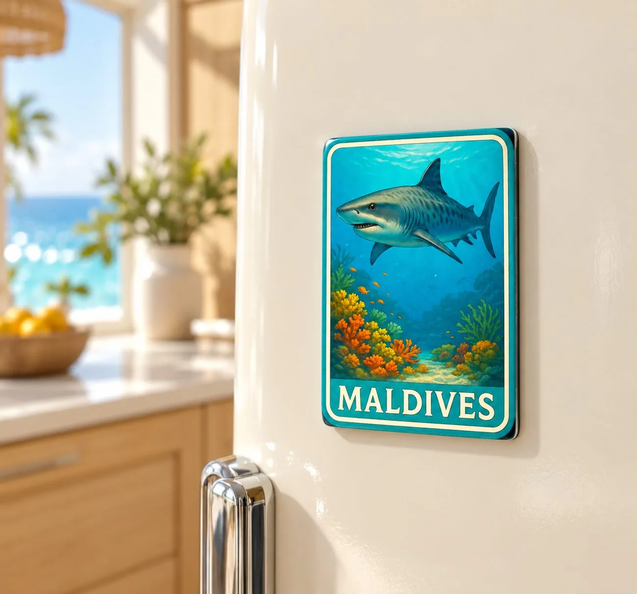 Maldives souvenir magnet of a tiger shark swimming over coral, on a fridge door.
