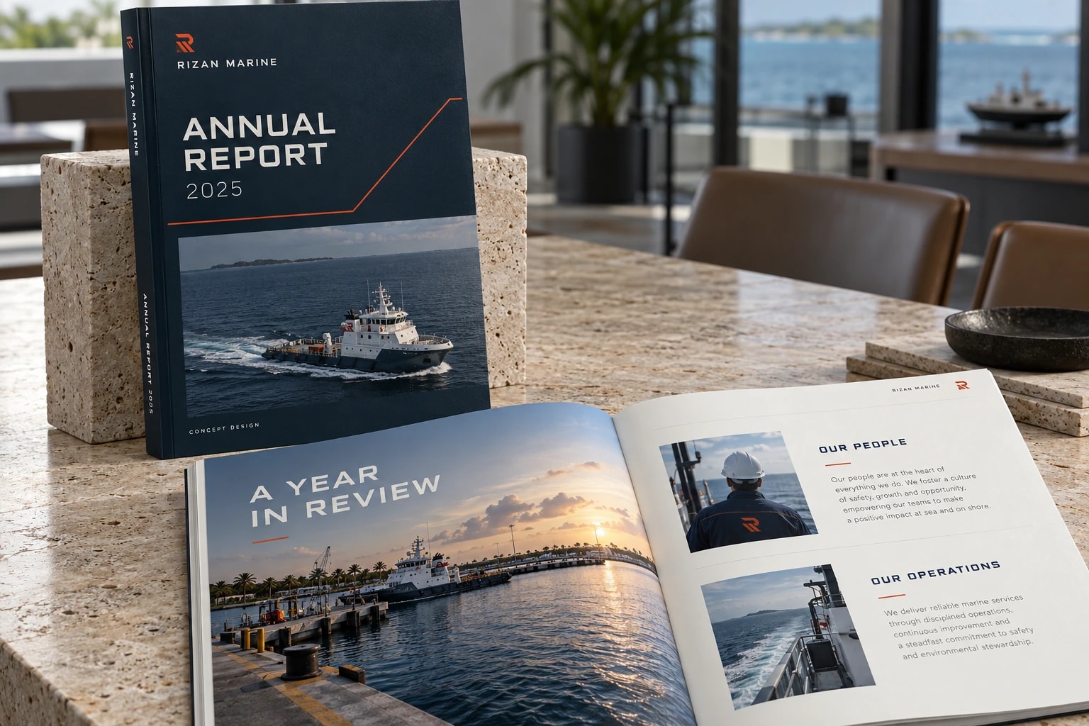 Rizan Marine Annual Report 2025 in navy with a ship at sea on the cover, standing against a stone block beside an open “A YEAR IN REVIEW” spread.