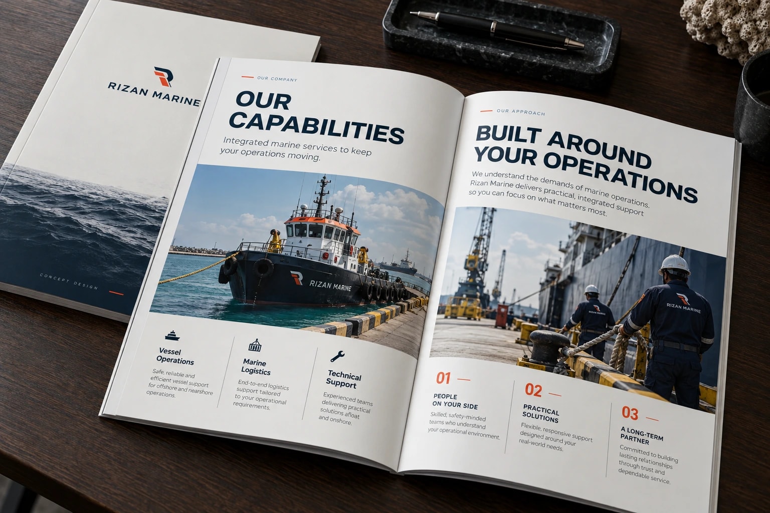 An open Rizan Marine brochure spread headed “OUR CAPABILITIES” and “BUILT AROUND YOUR OPERATIONS”, with a tug at the quay, dock crew and orange numbered points.