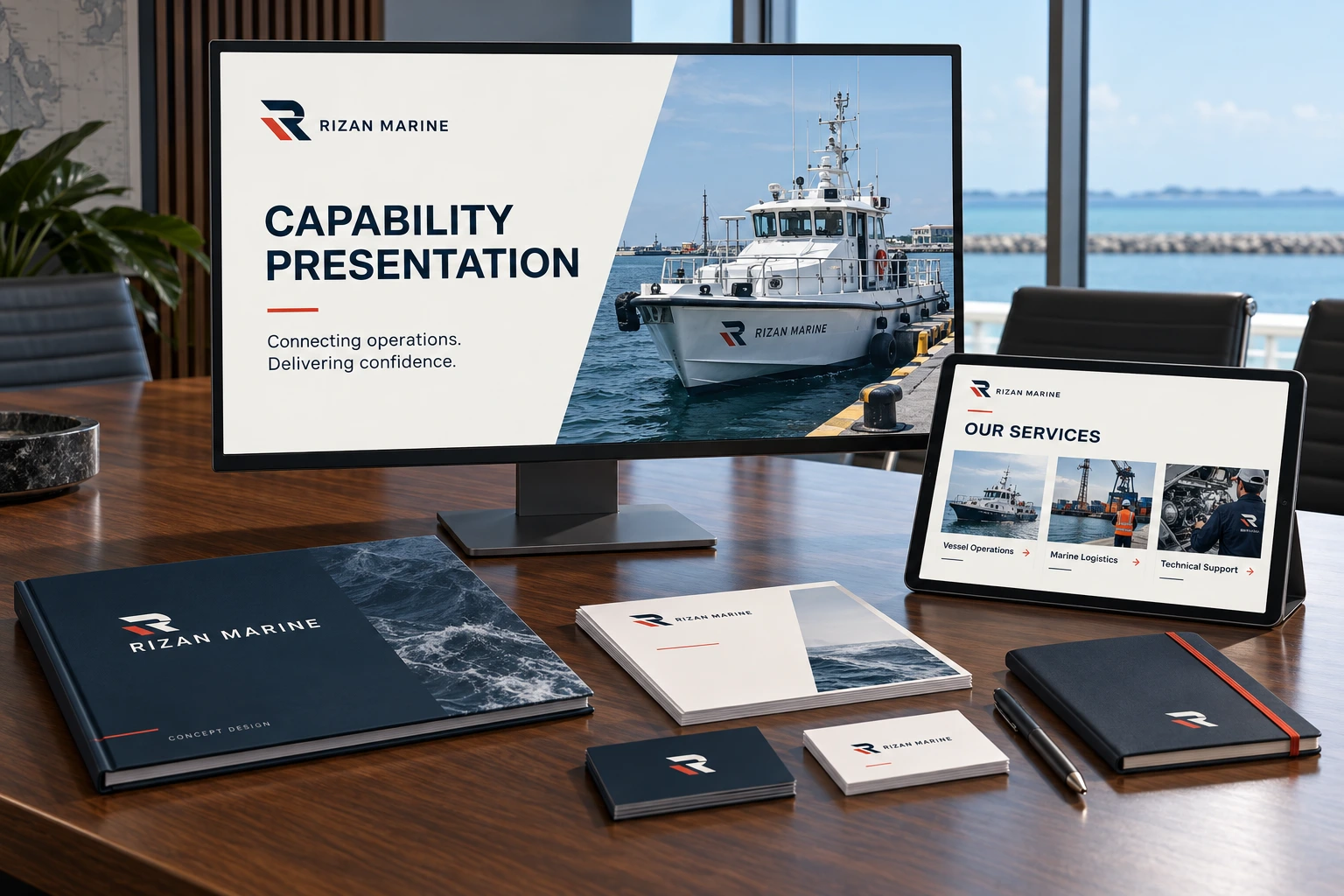A monitor showing the Rizan Marine “CAPABILITY PRESENTATION” title slide, with a tablet services page, a navy hardback, business cards and a notebook on a wooden table.