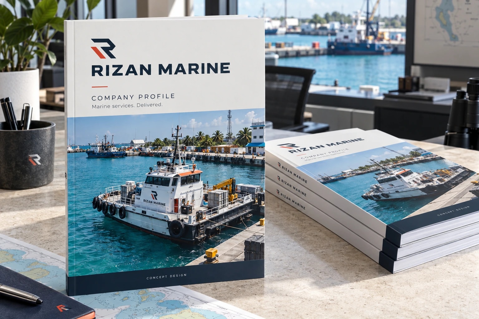 Rizan Marine company profile on a harbour-view desk, its cover showing “Marine services. Delivered.” above a white workboat, with more copies stacked beside it.