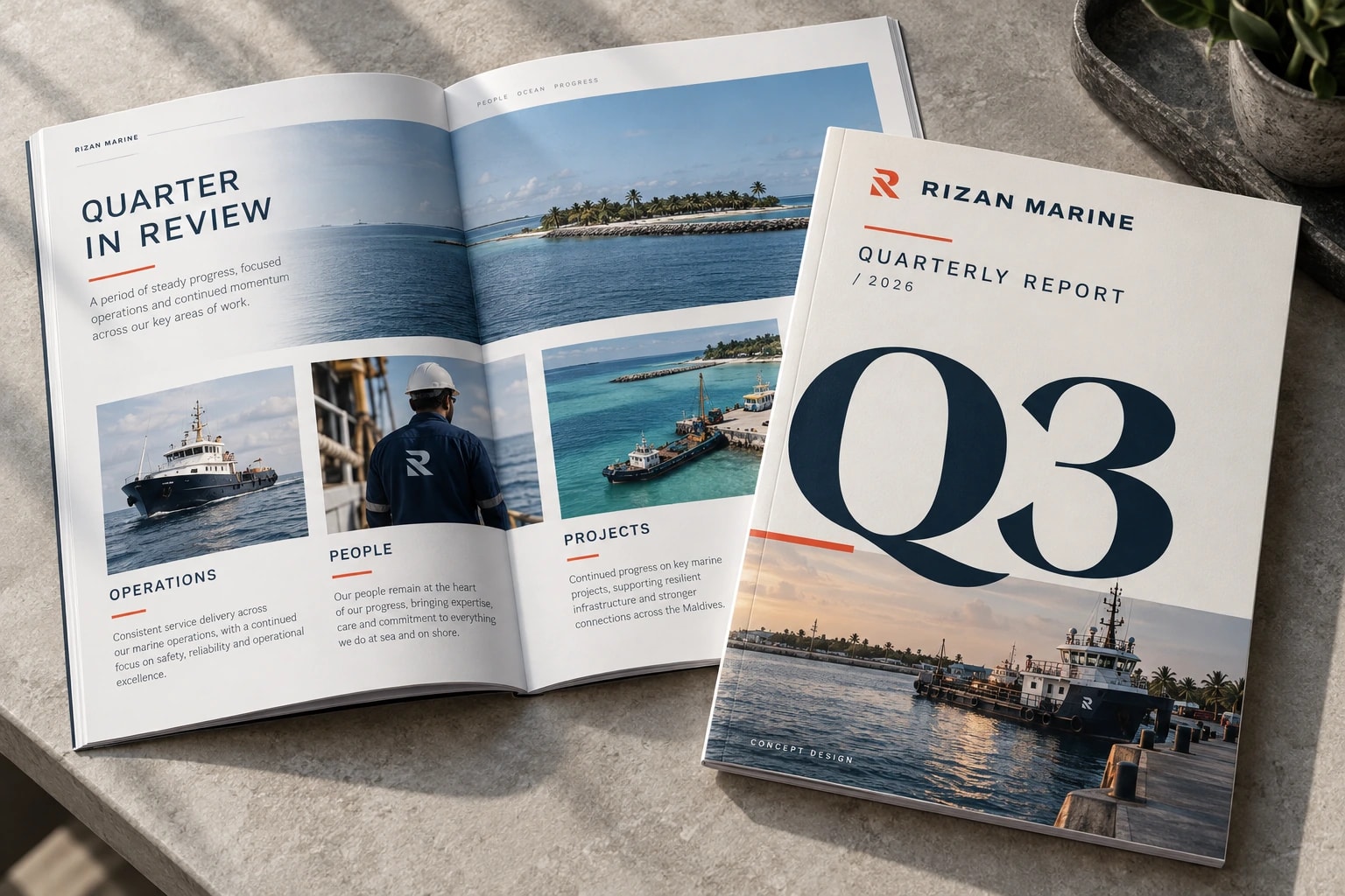 Rizan Marine Quarterly Report with a large navy “Q3” on its cover, beside an open “QUARTER IN REVIEW” spread of boats, crew and island photographs.