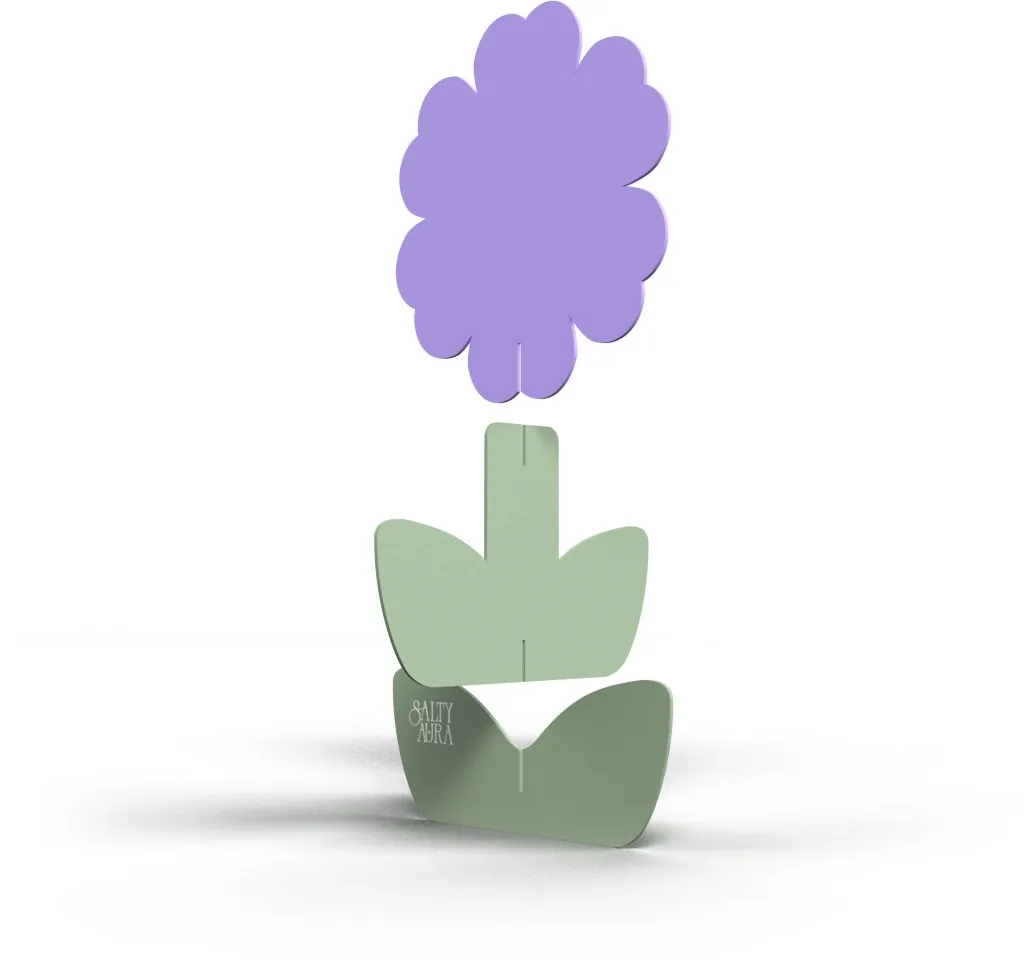 Salty Aura flower stand: a lilac die-cut flower slotted into a sage green stem that carries the wordmark.