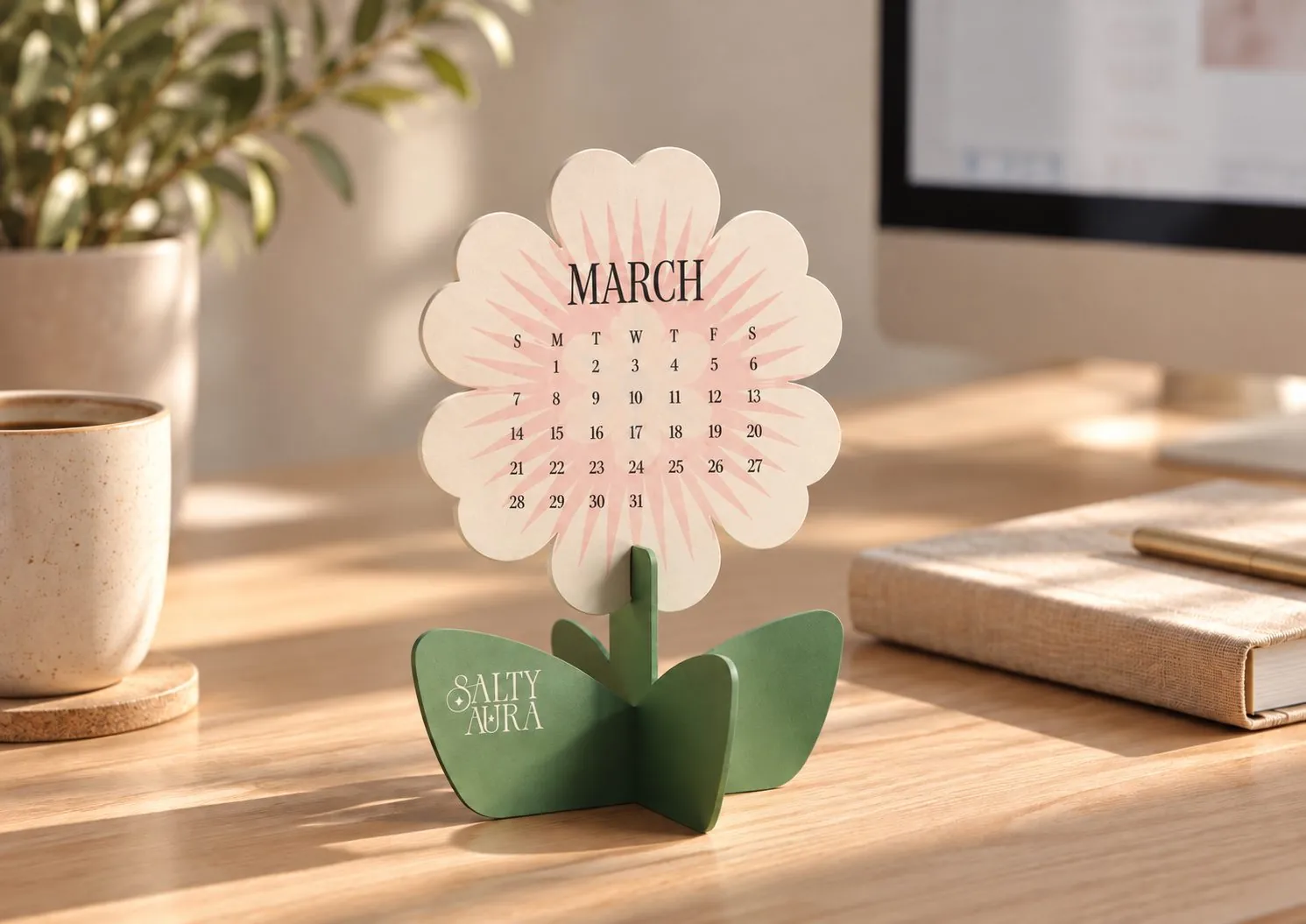 Salty Aura desk calendar: a cream paper flower showing March on a sage green stem, on a wooden desk.
