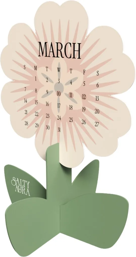 The March flower from the Salty Aura calendar: die-cut cream petals with a pink starburst and the dates, on a sage stem.