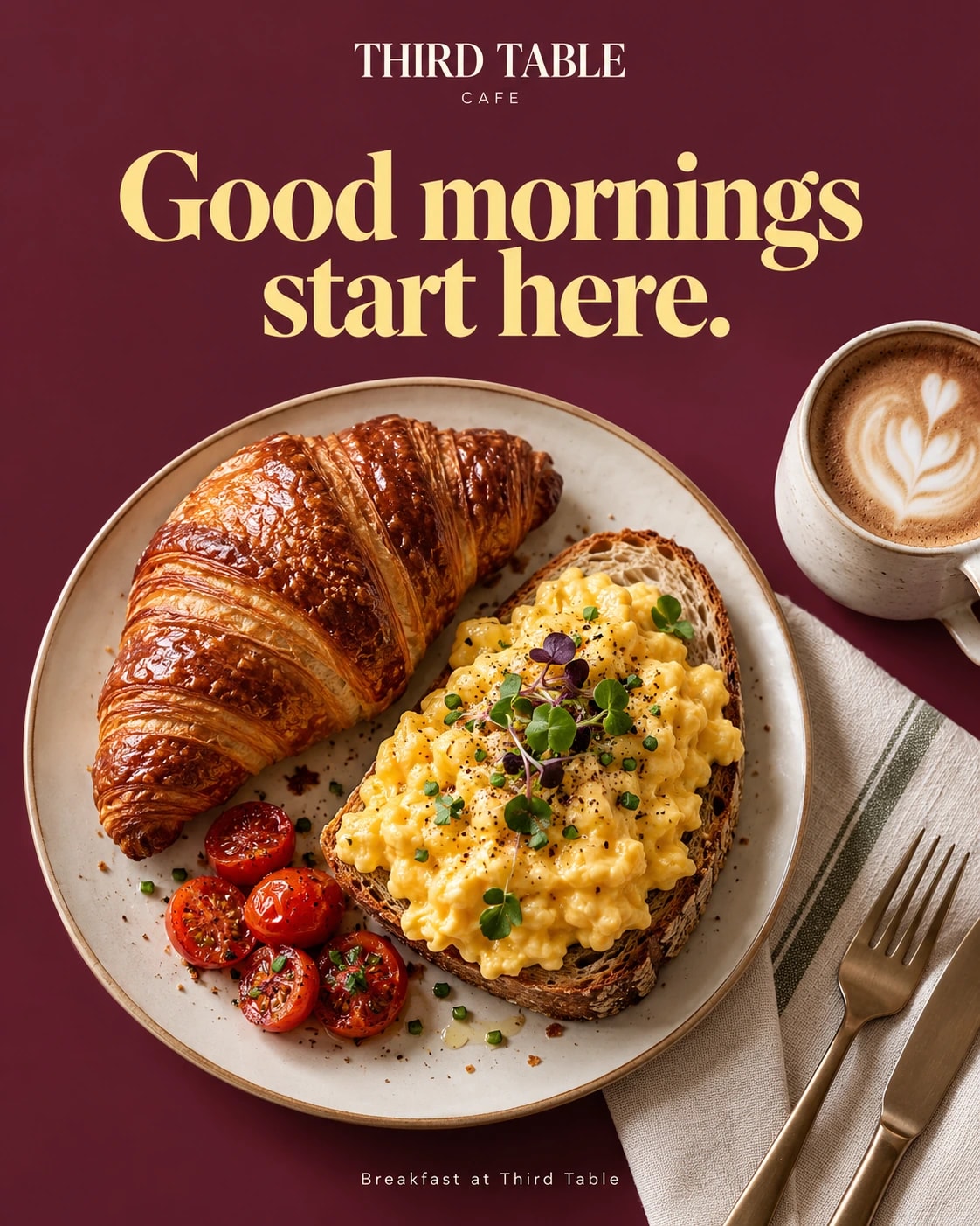 A Third Table social post with “Good mornings start here.” in butter-yellow type on burgundy, above a croissant, scrambled eggs on toast, tomatoes and a coffee.