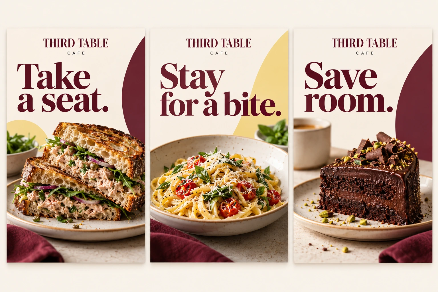 Three Third Table carousel slides reading “Take a seat.”, “Stay for a bite.” and “Save room.”, above a toasted sandwich, a bowl of pasta and chocolate cake.