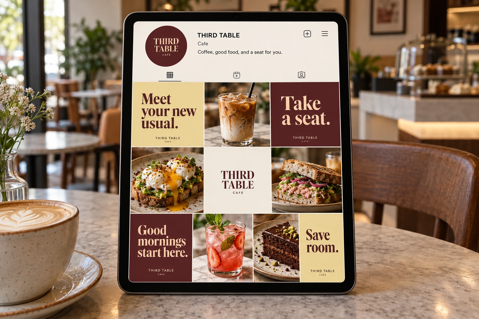 A tablet on a café table showing the Third Table profile grid, with “Meet your new usual.”, “Take a seat.” and food posts in burgundy and yellow.