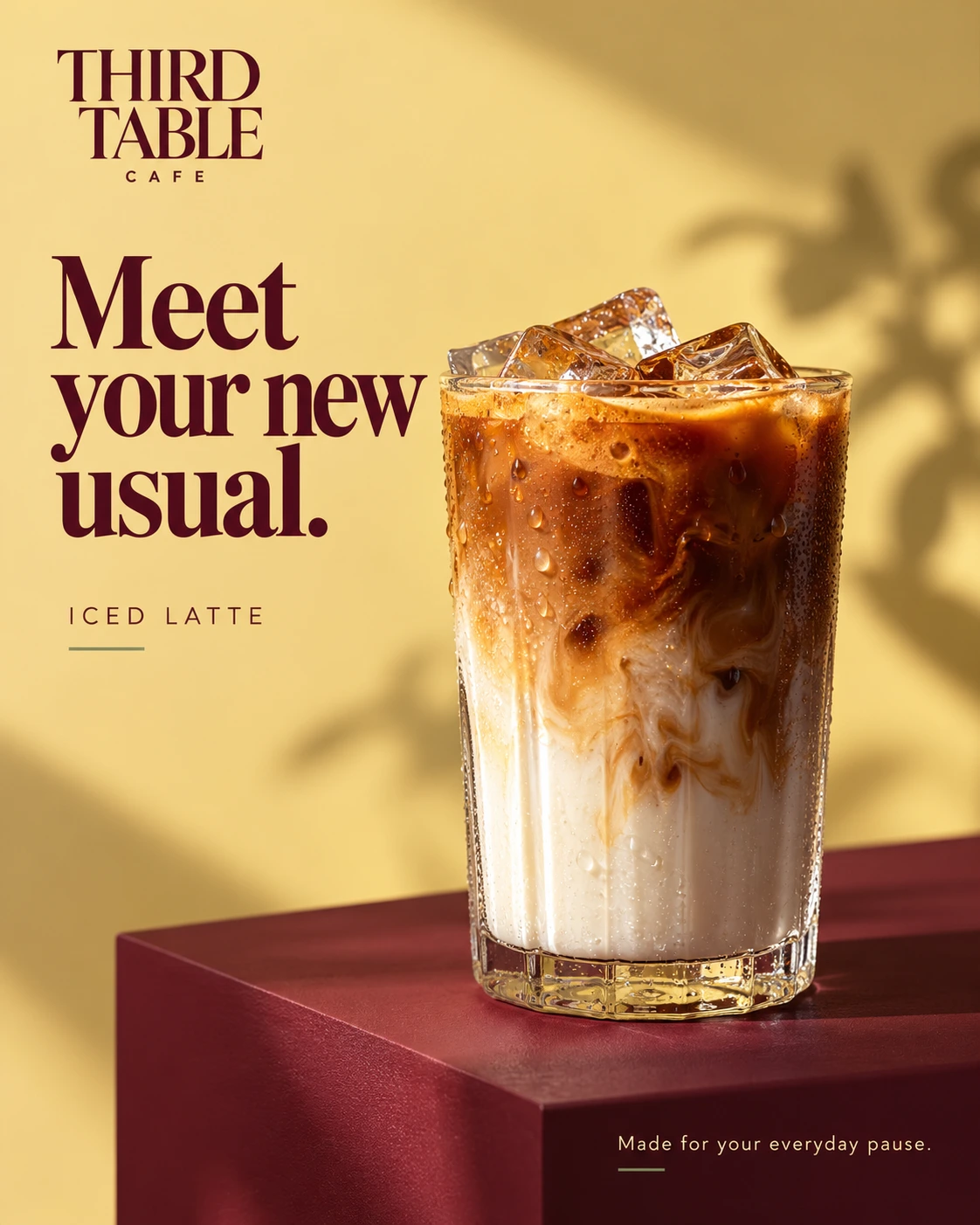 A Third Table social post with the headline “Meet your new usual.” in burgundy serif type, beside an iced latte on a burgundy block against butter yellow.