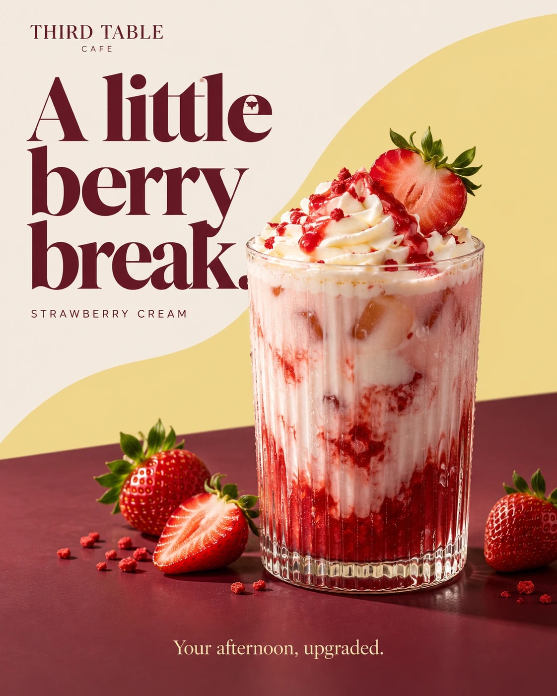 A Third Table social post with “A little berry break.” in burgundy serif type, beside a tall glass of strawberry cream and fresh strawberries on burgundy.